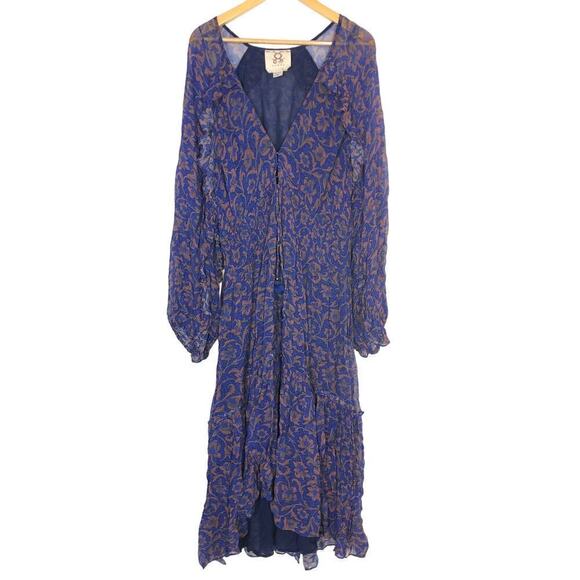 Figue Alessia Dress Floral Boho Smocked Ruffle Long Sleeve Midi Blue Purple XXL - Picture 4 of 9